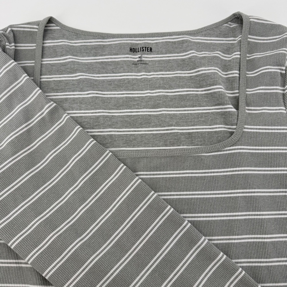 Hollister Grey White Striped Ribbed Square Neck Long Sleeve Top XL 339L3933